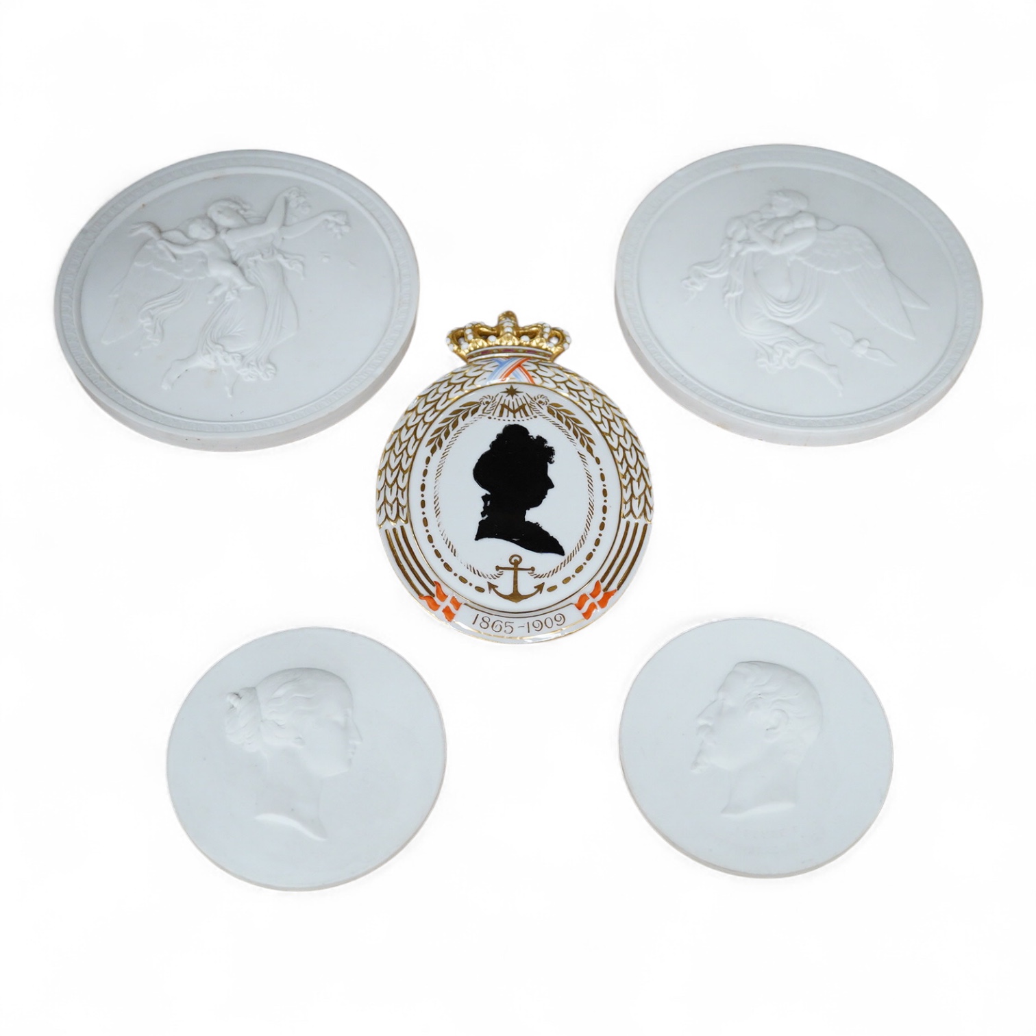 A pair of Copenhagen biscuit porcelain circular plaques, of Night and Day, two smaller French portrait plaques of Emperor Napoleon III and Empress Eugenie , and a Royal Copenhagen Princess Marie commemorative plaque, c.1